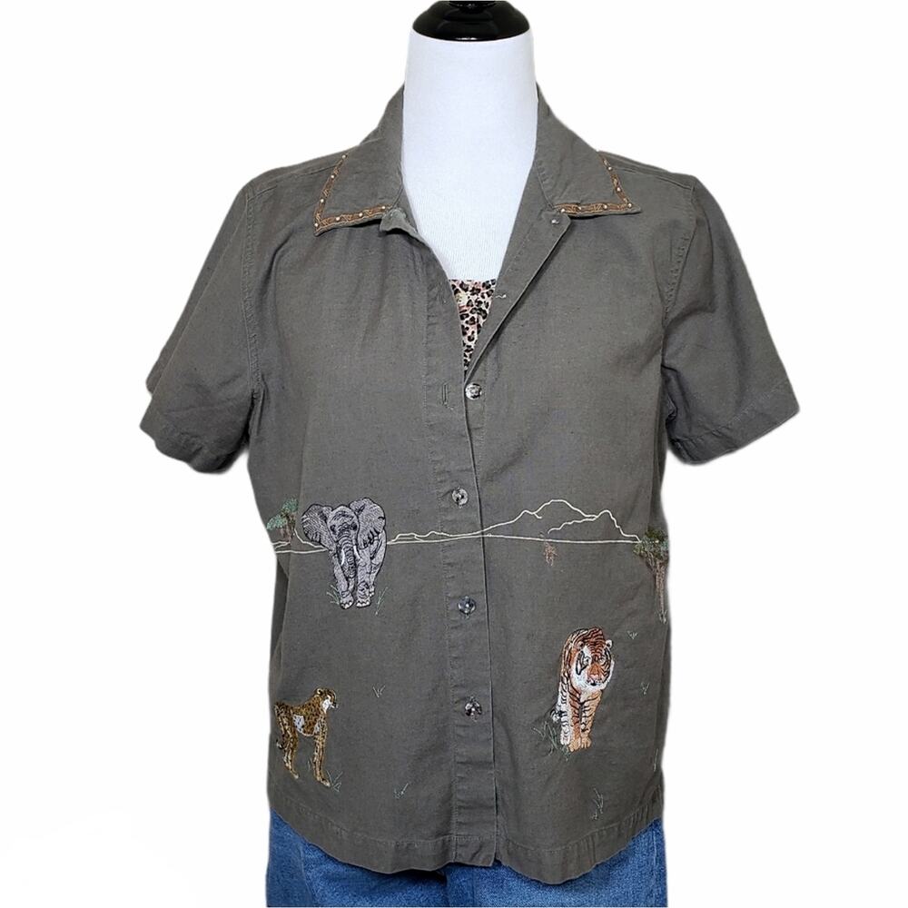 Vintage 90s Safari Button Front Shirt Size Large Green